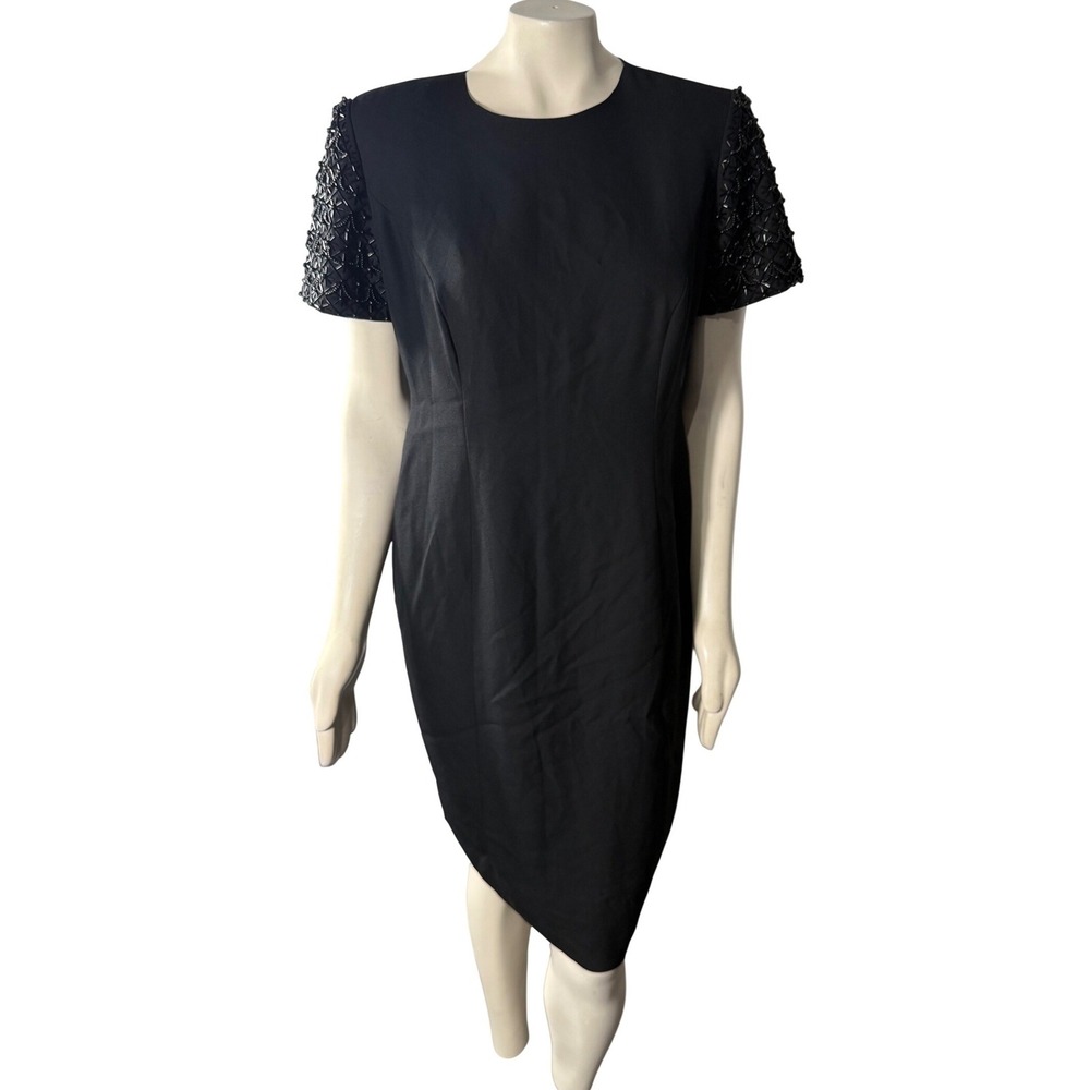 VTG 90s R&M Richards Black Beaded‎ Sleeve Button Detail Cocktail Dress 12 Midi
